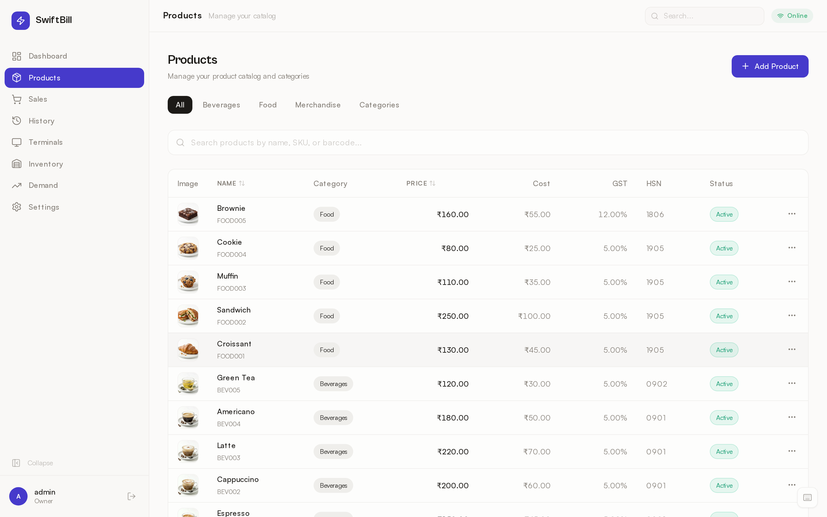 SwiftBill product catalog with categories