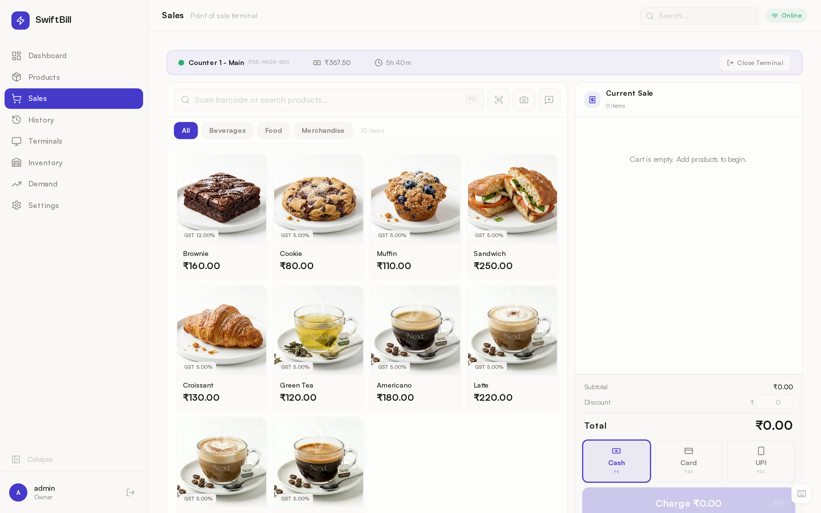 SwiftBill POS billing screen with products