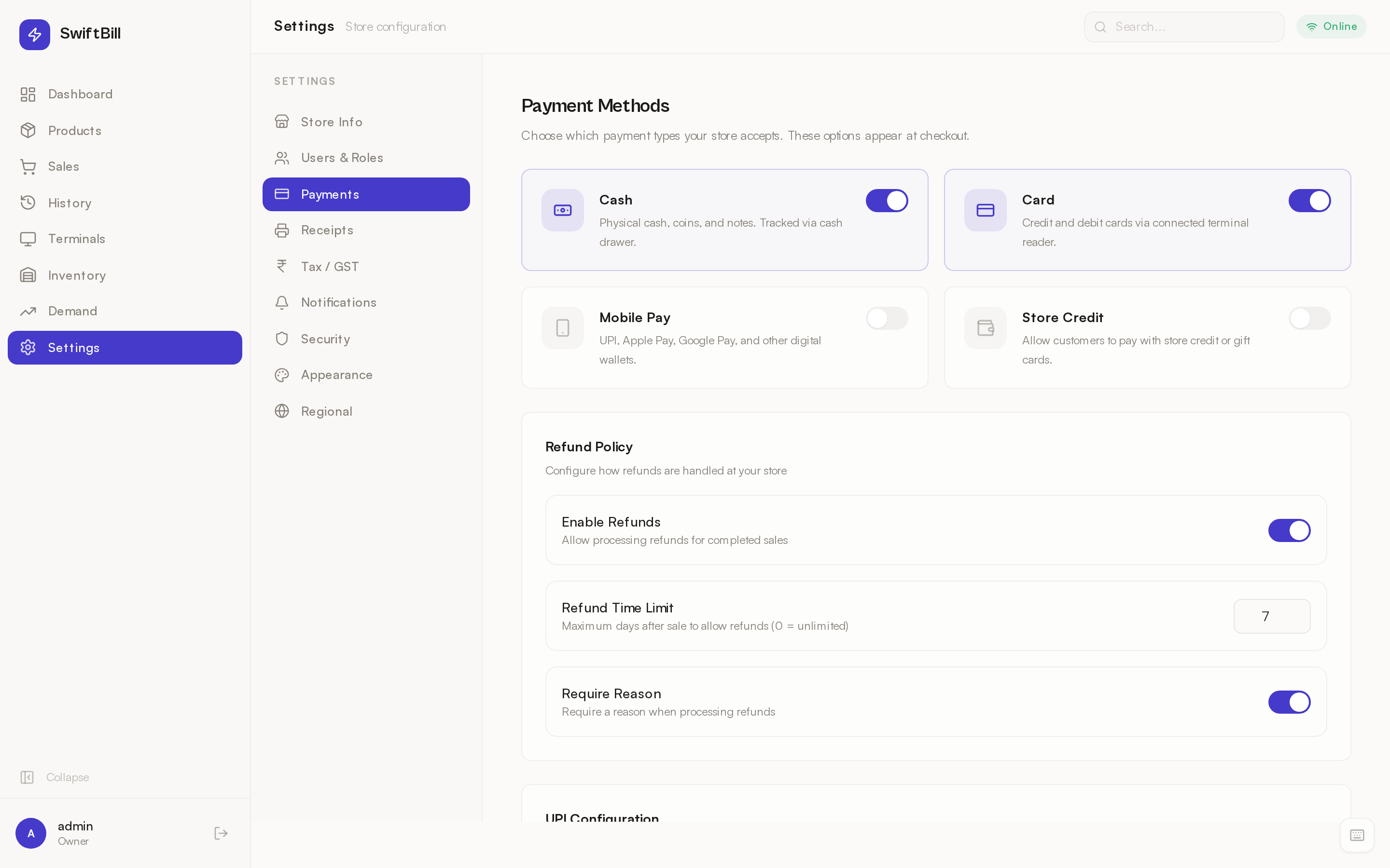 Payment method settings